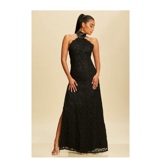 BLACK FLORAL LACE HALTER TIE MAXI DRESS