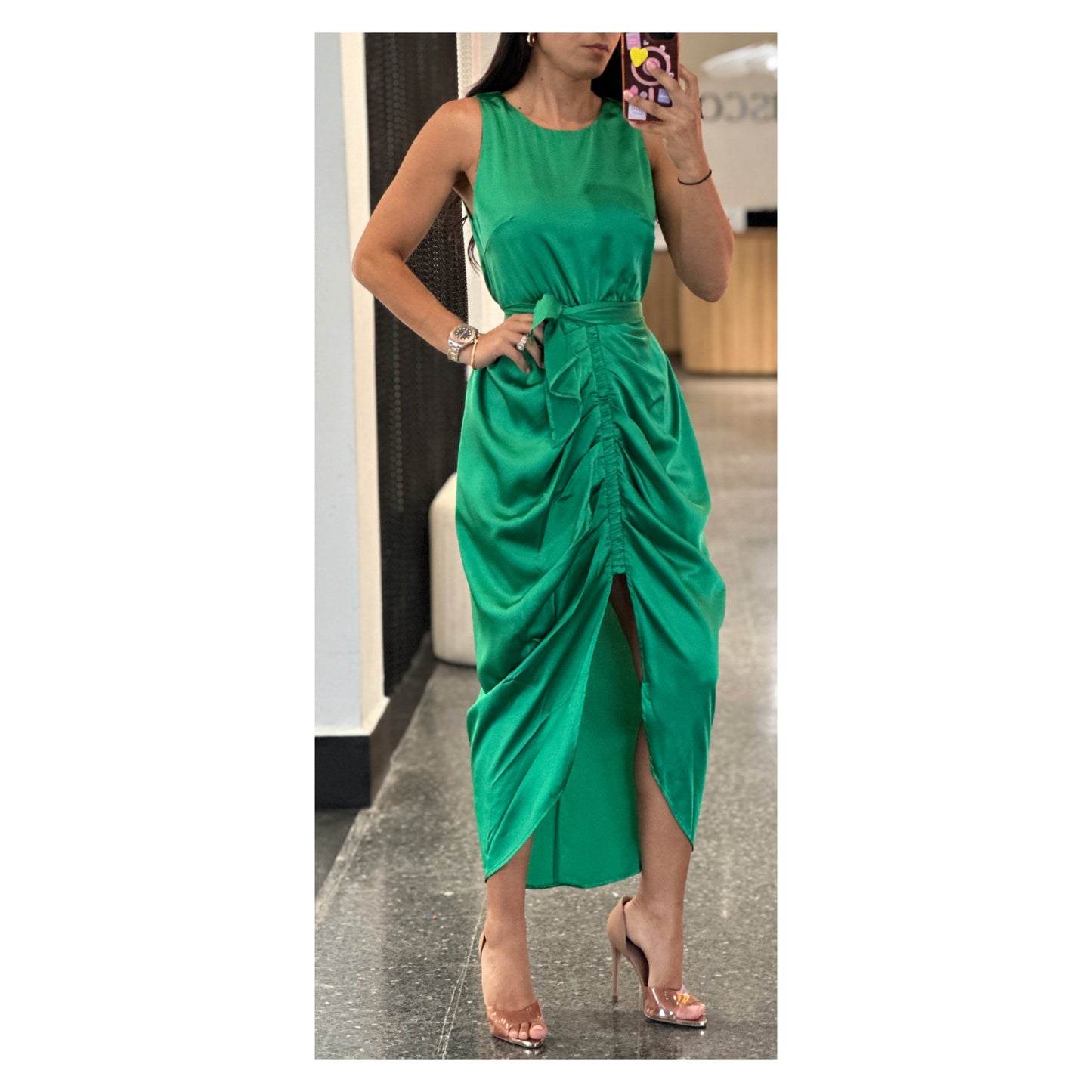 GREEN FRONT SHIRRING DETAIL MIDI DRESS