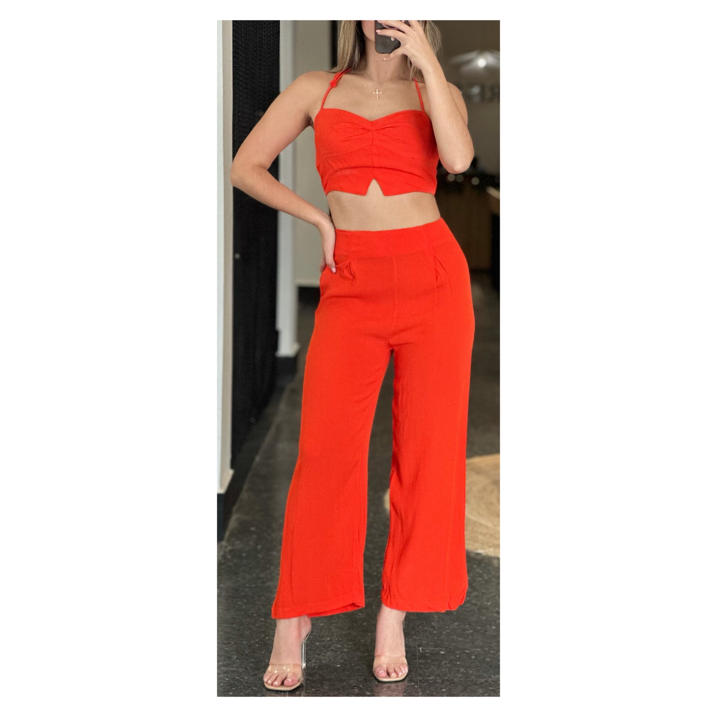 ORANGE SPAGHETTI STRAP SOLID CROP TOP & PANTS SET