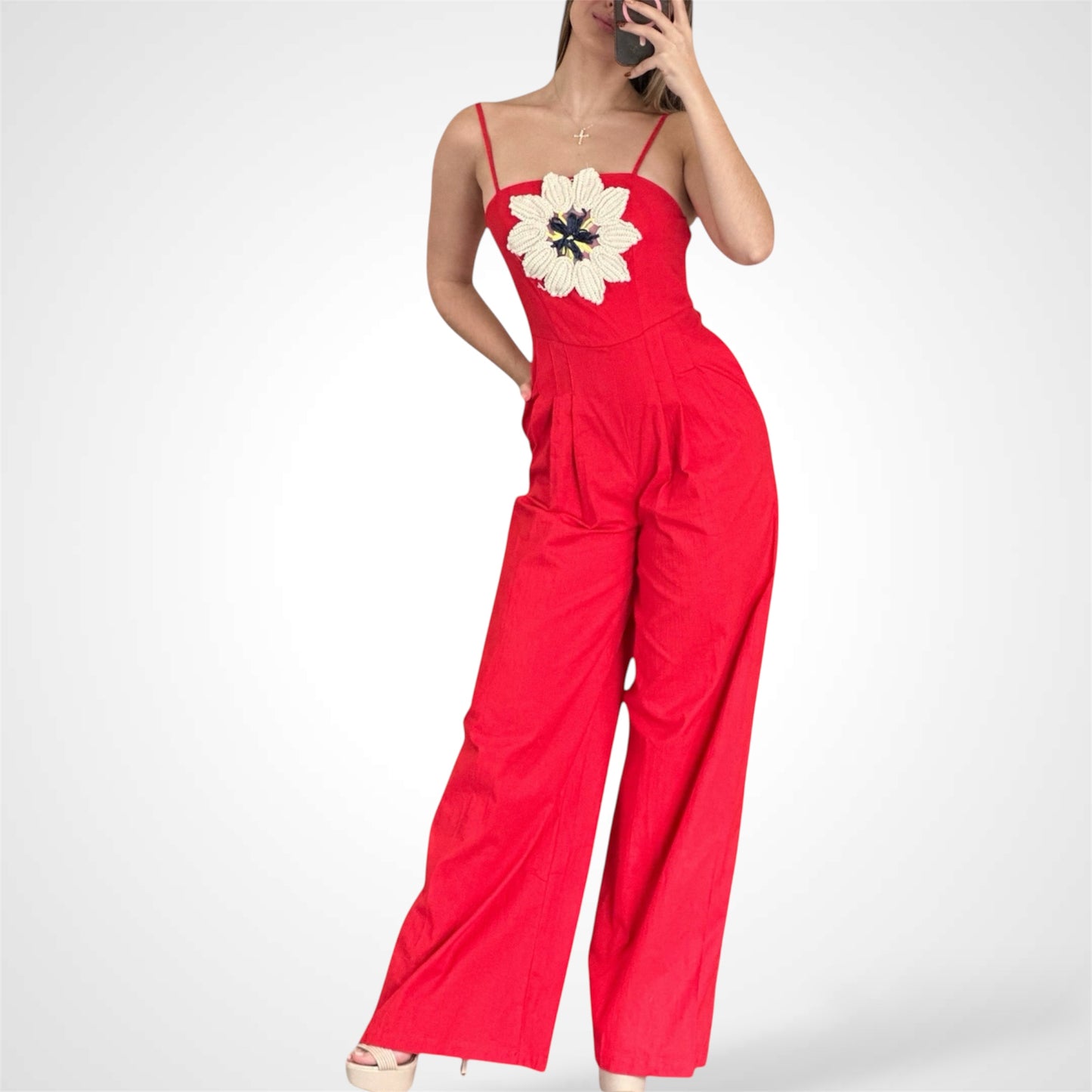 RED FLOWER DETAIL JUMPSUIT