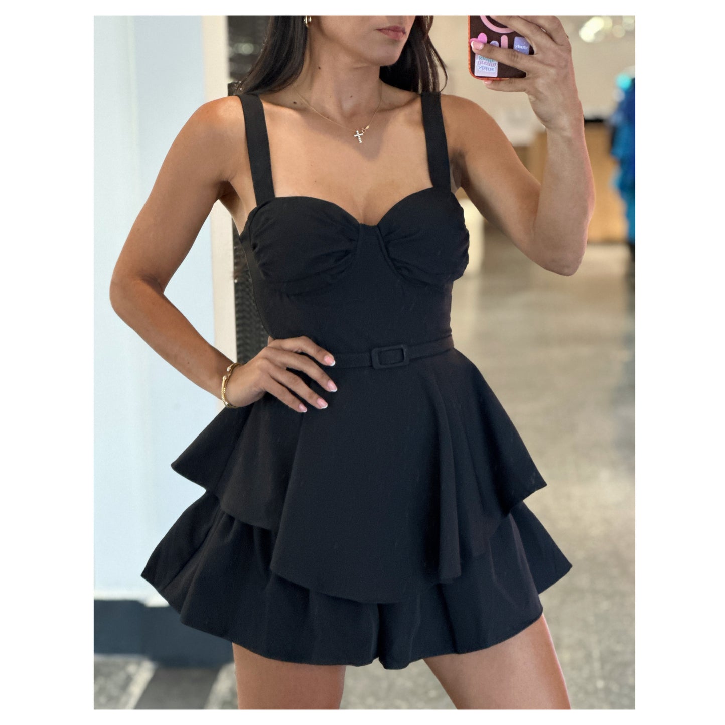 BLACK RUFFLE TIER W BELT ROMPER