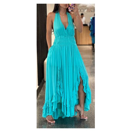 OCEAN BLUE CRINKLED RUFFLE HALTER DRESS