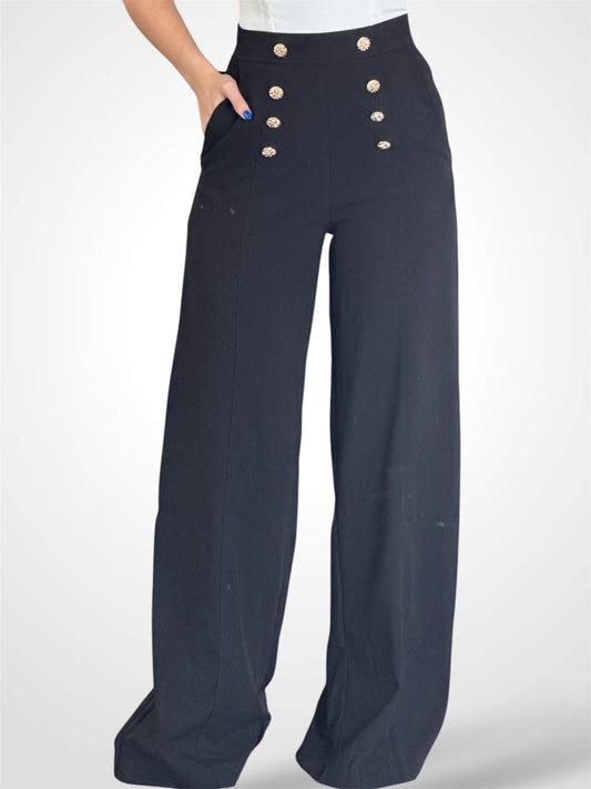 BLACK SOLID BUTTON DETAIL FRONT ZIP UP WIDE LEG PANTS