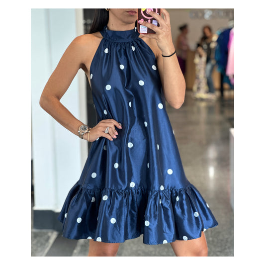 NAVY POLKA DOT HALTER NECK TIERED RUFFLE HEM MINI DRESS