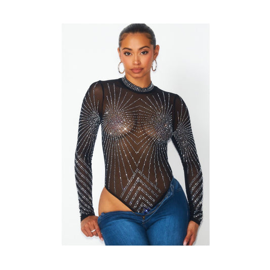 FIREWORKS RHINESTONE SHEER MESH BODYSUIT