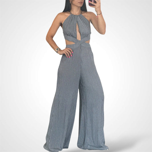 CUTOUT HALTER FRONT TIE BACKLESS JUMPSUIT