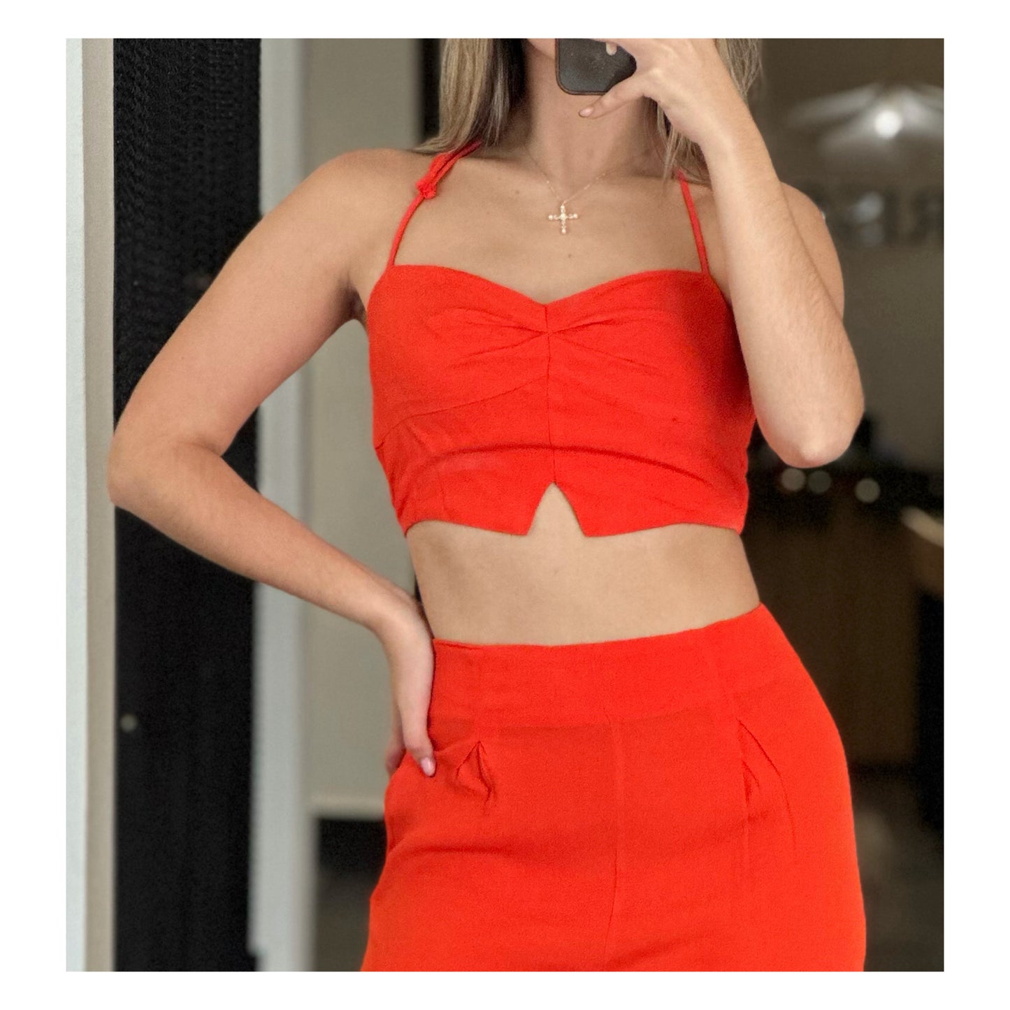 ORANGE SPAGHETTI STRAP SOLID CROP TOP & PANTS SET