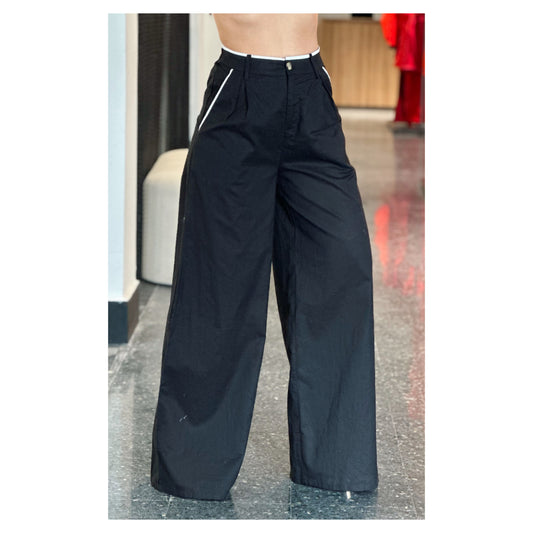 BLACK/WHITE CONTRAST PIPING DETAILED LINEN PANTS