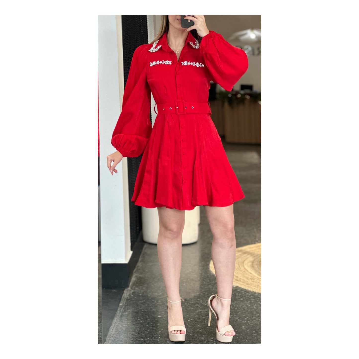 RED LONG SLEEVE SHORT DRESS