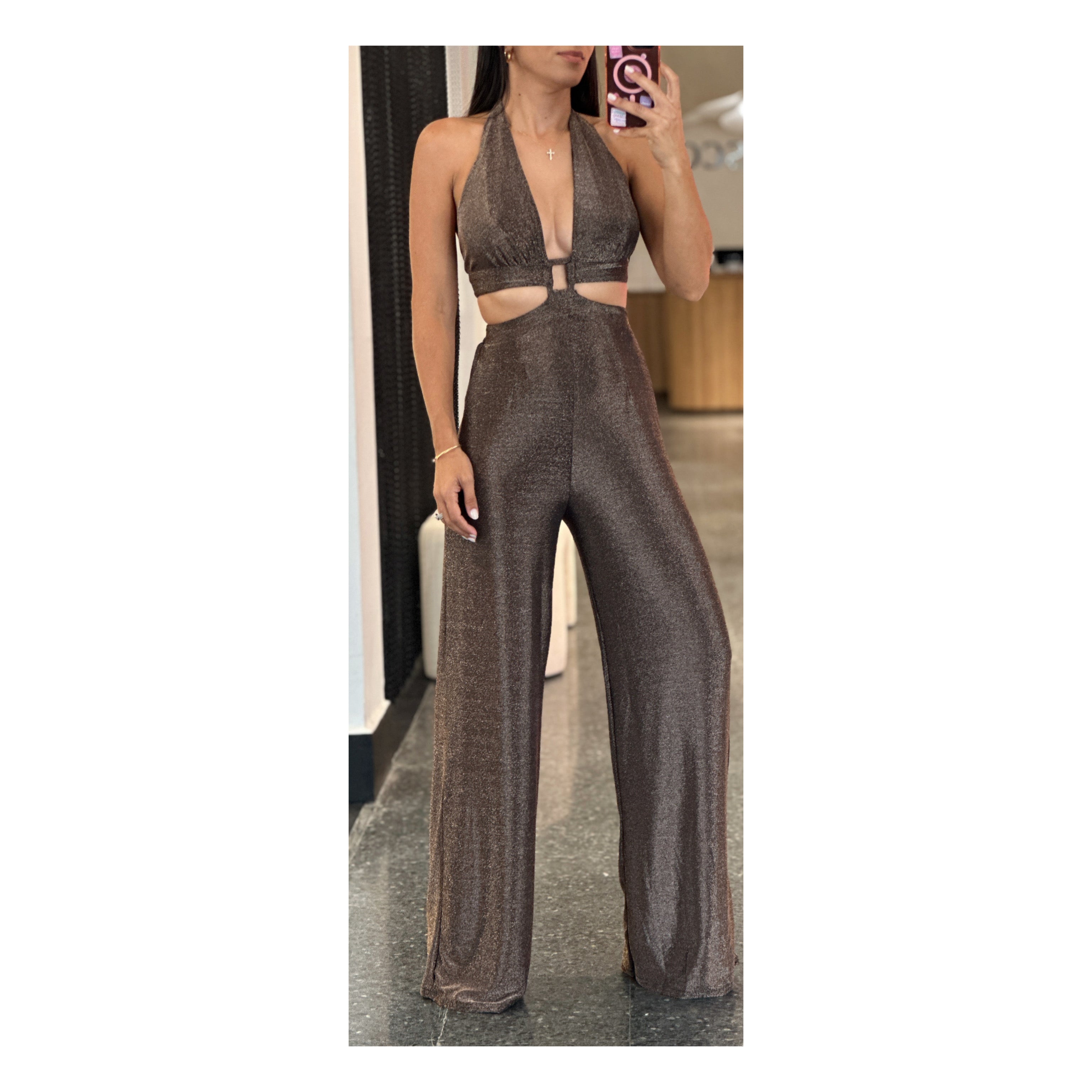 METALLIC KNIT HALTER CUT OUT WAIST OPEN TIE BACK JUMPSUIT