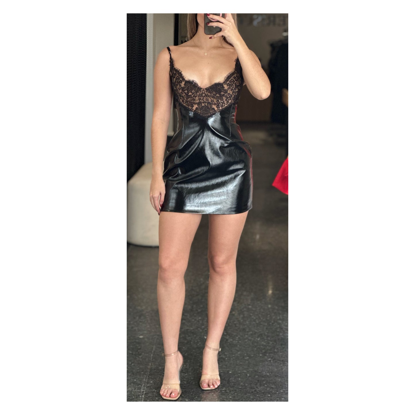 SHELBY BLACK LEATHER WITH LACE MINI DRESS