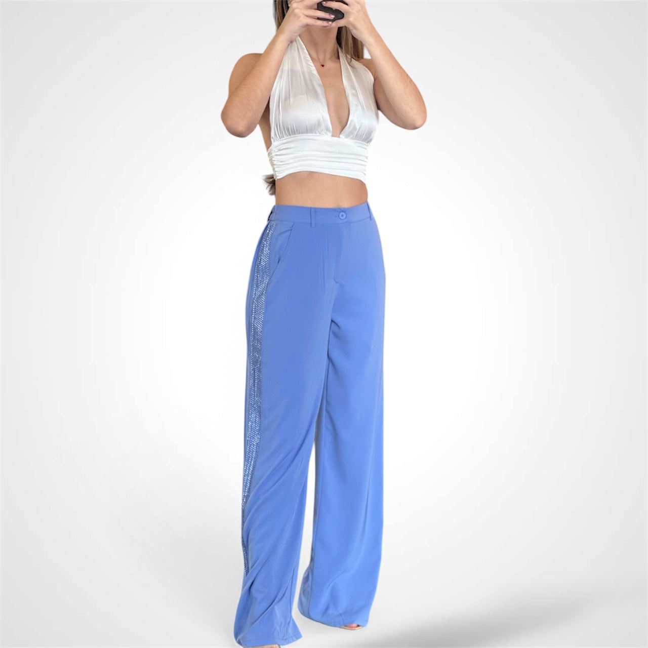 PAULINA SIDE RHINESTONE SLACKS HIGH RISE PANTS