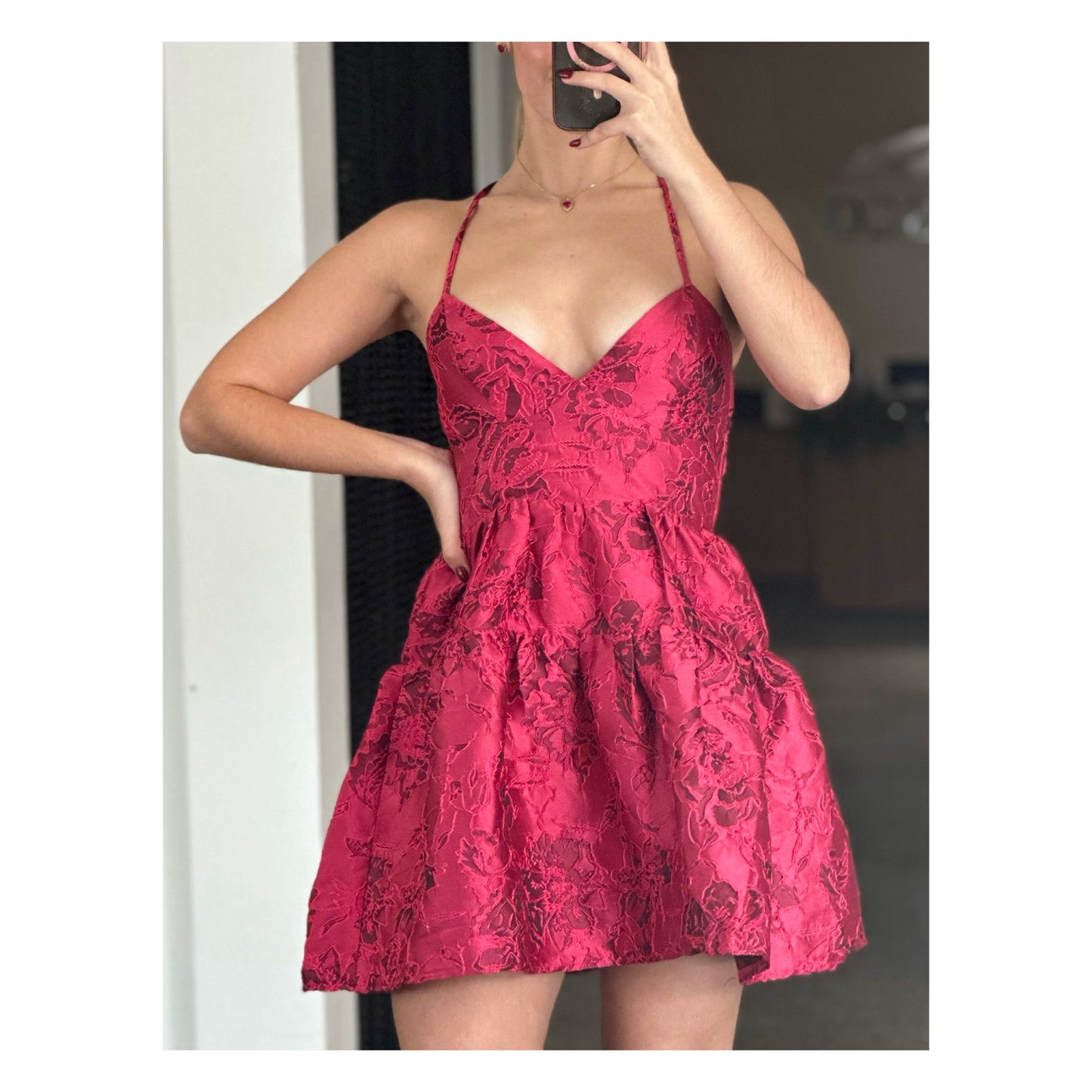 PINK SPAGHETTI STRAP FLORAL LACE DETAILED MINI DRESS