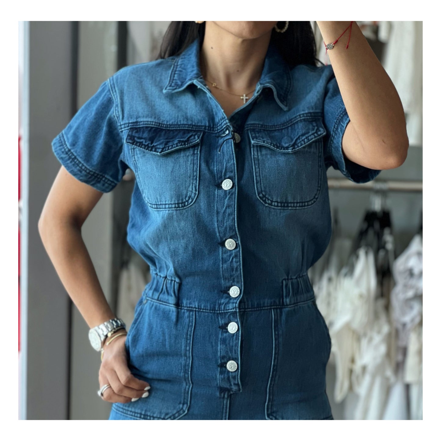 Collared Button Front Denim Jumpsuit