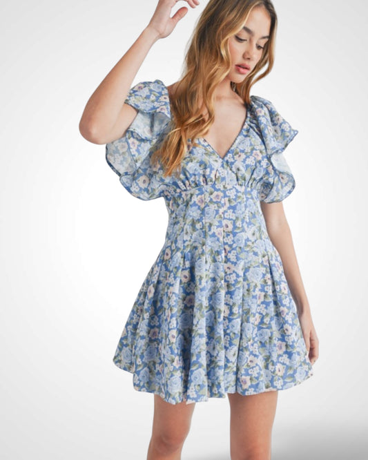 FLORAL FLUTTER SLEEVE PLEATED WAIST MINI DRESS