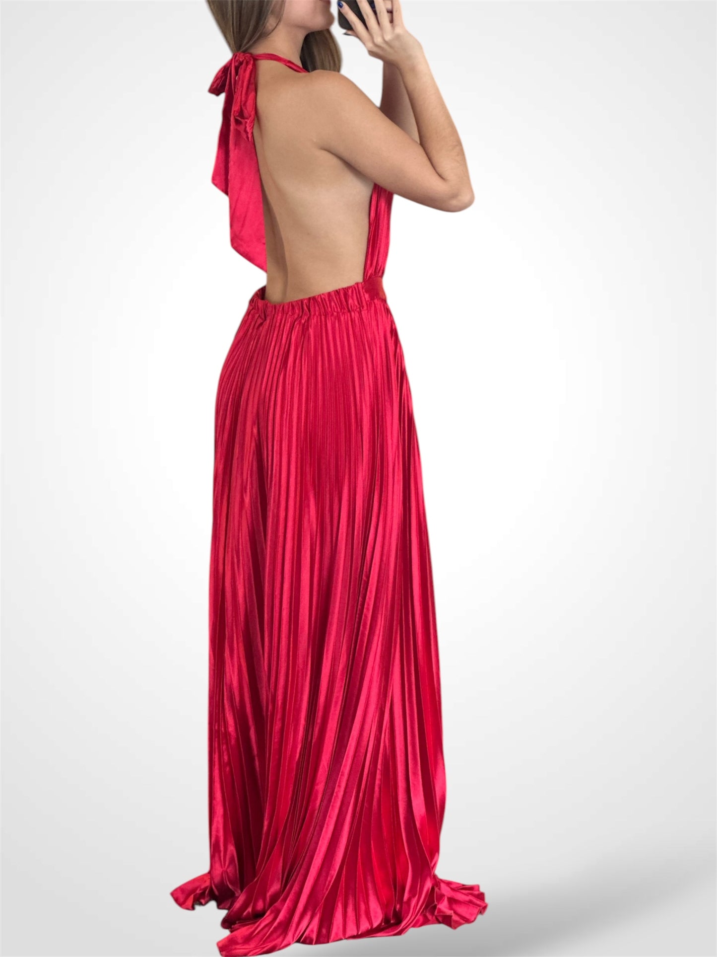 RED SATIN PLEATED HALTER DRESS