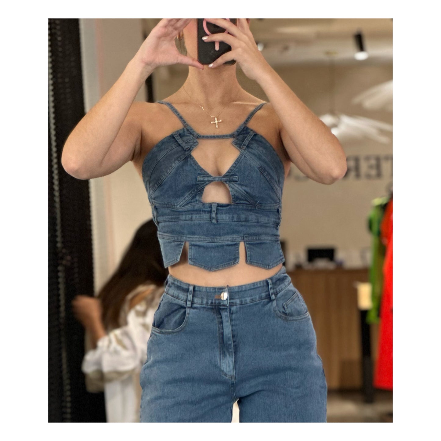 ASHLEY OPEN FRONT HALTER DENIM TOP & PANTS SET