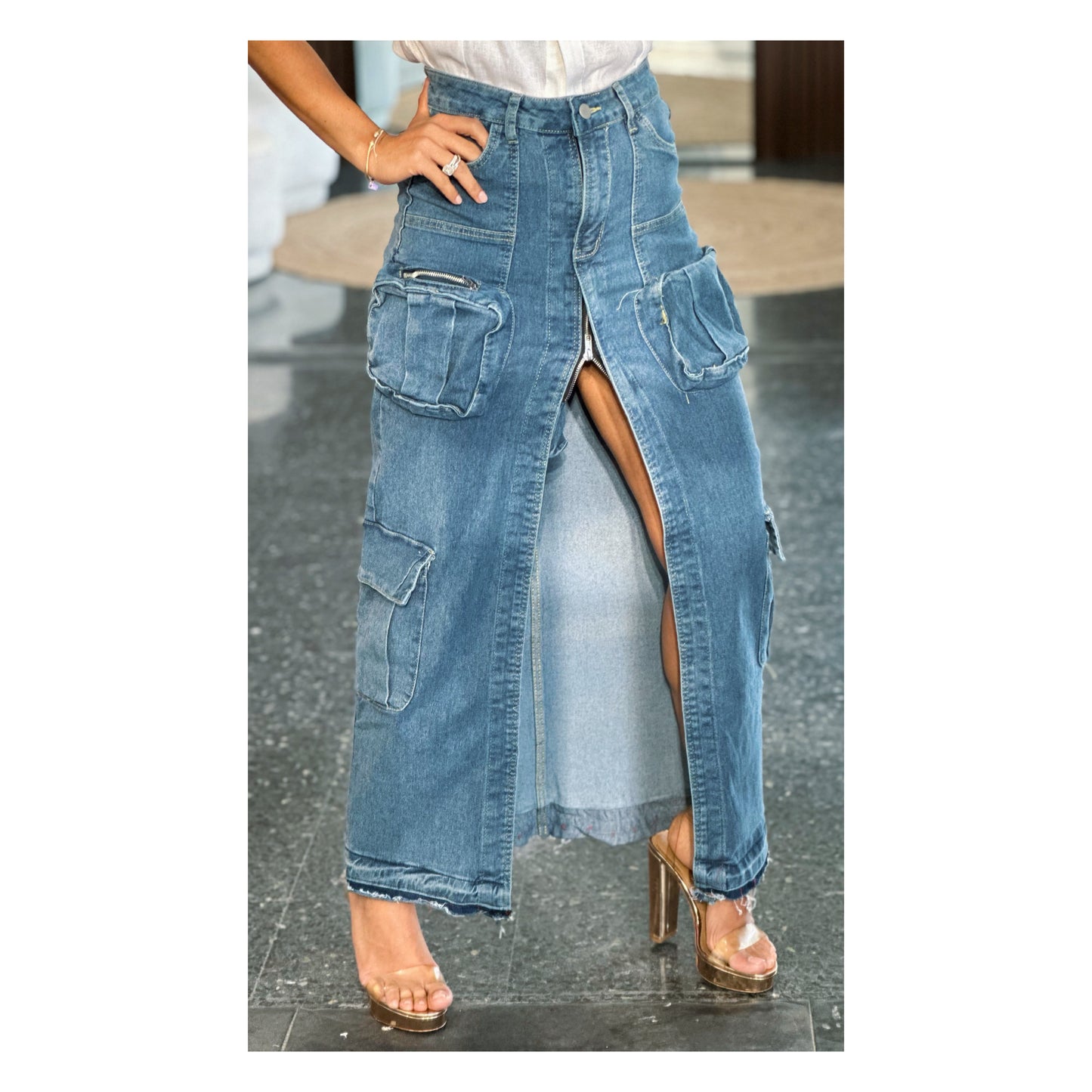 DENIM CARGO LONG SKIRT