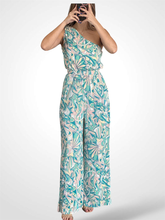 Printed Plisse One Shoulder Jumpsuit