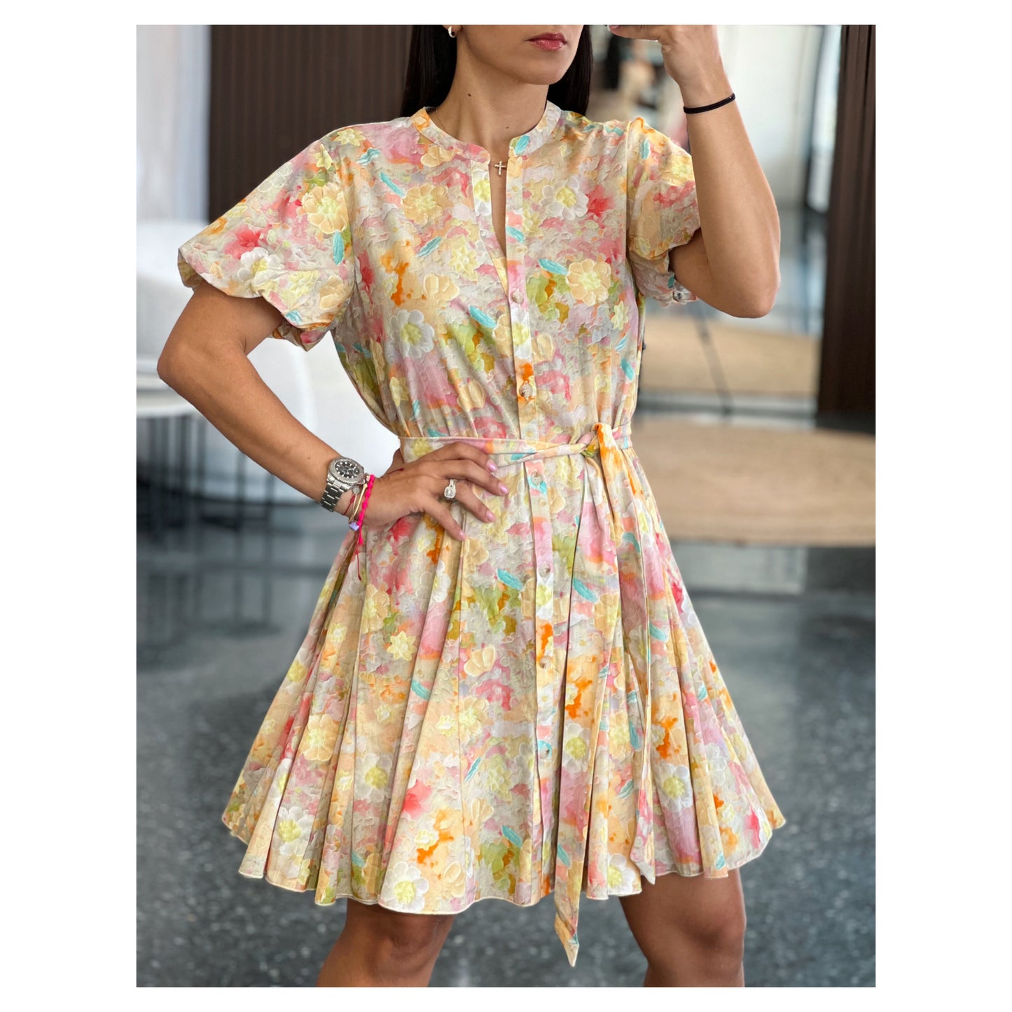 BUBBLE SHORT SLEEVE BUTTON DOWN BELTED MINI DRESS