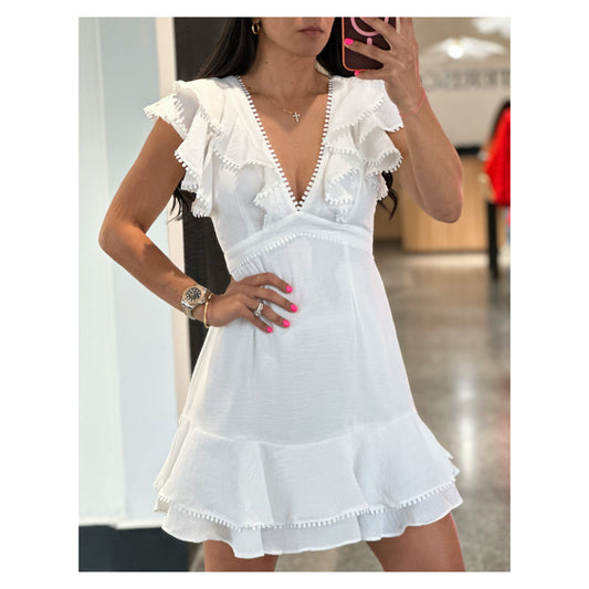 SHORT SLEEVE V-NECK BACK LACE UP RUFFLE MINI DRESS