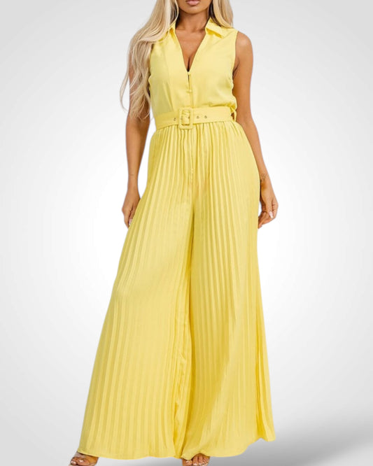 SOLID COLLARED PLEATS DETAIL WIDE LEG
JUMPSUITS