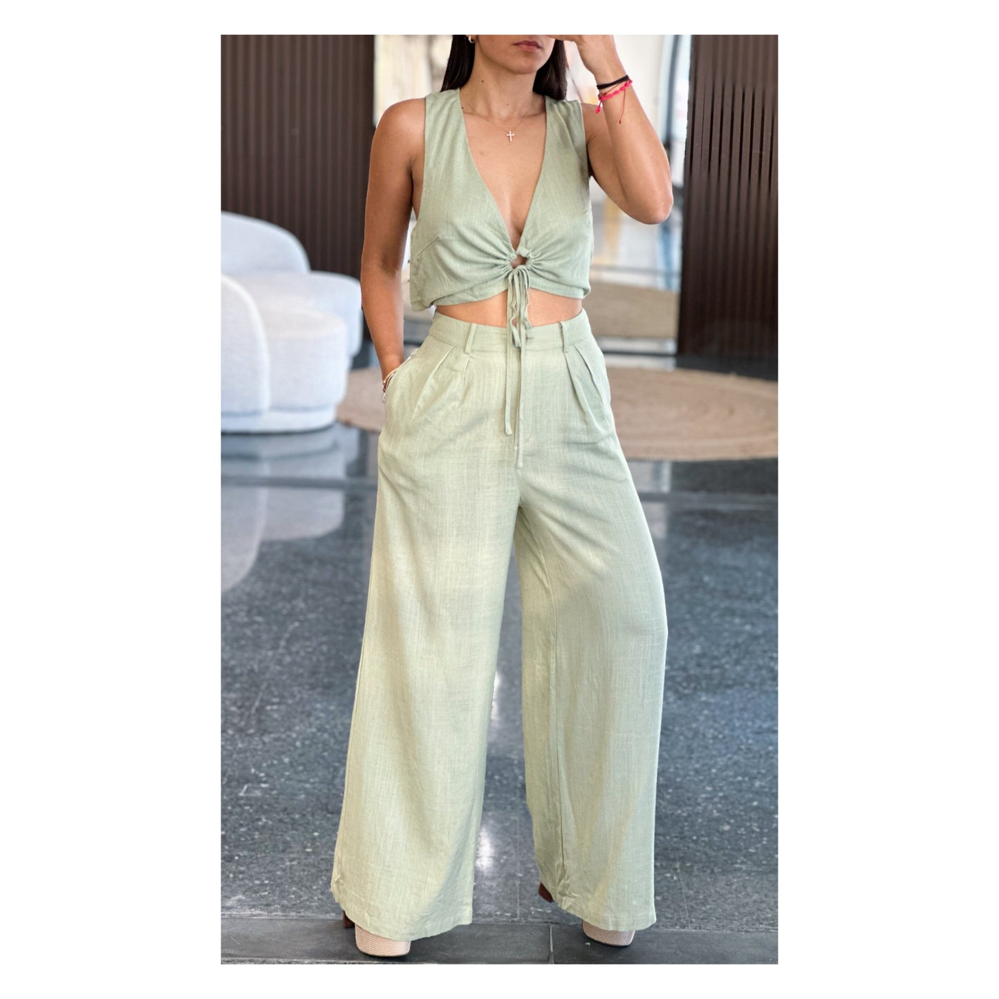 DUSTY SAGE RUCHED TOP & HIGH WAISTED LONG PANTS