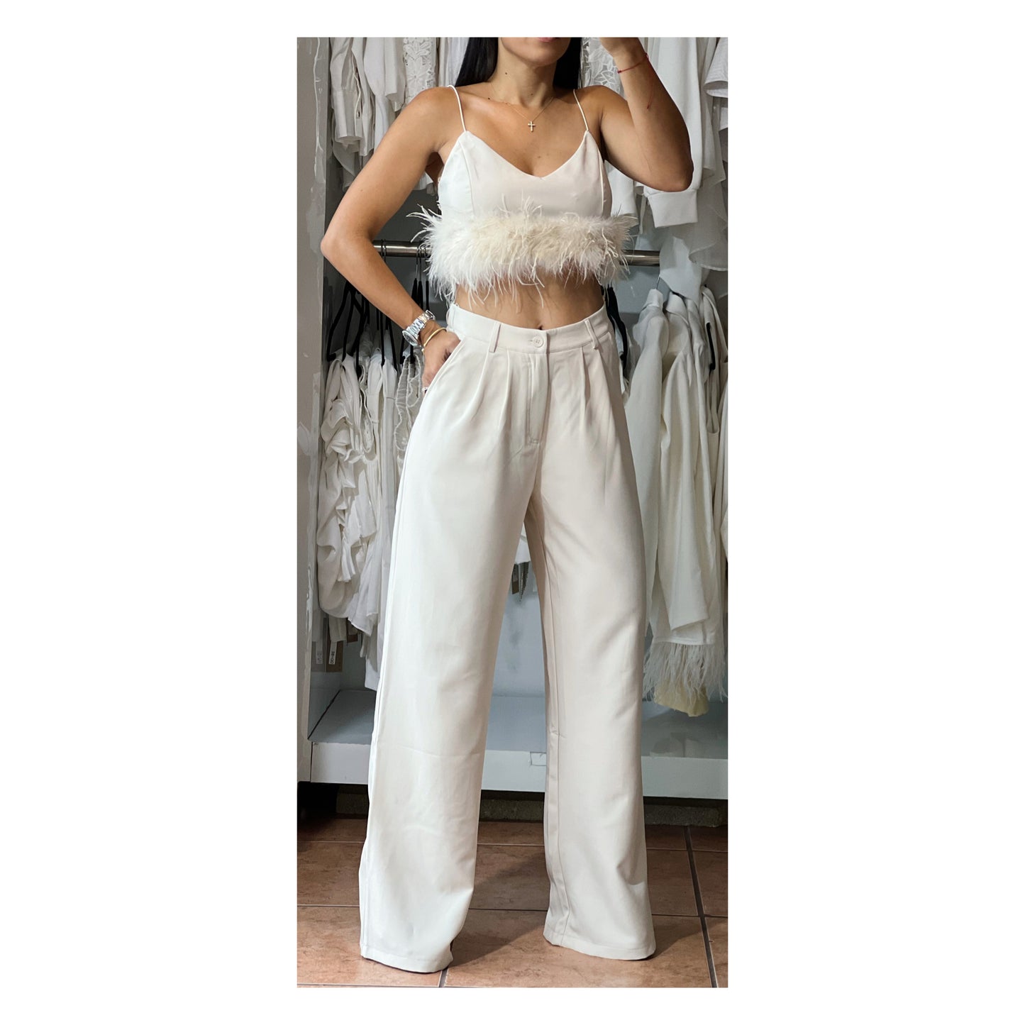 FEATHER TRIM CROP TOP WITH WIDE PANTS SET