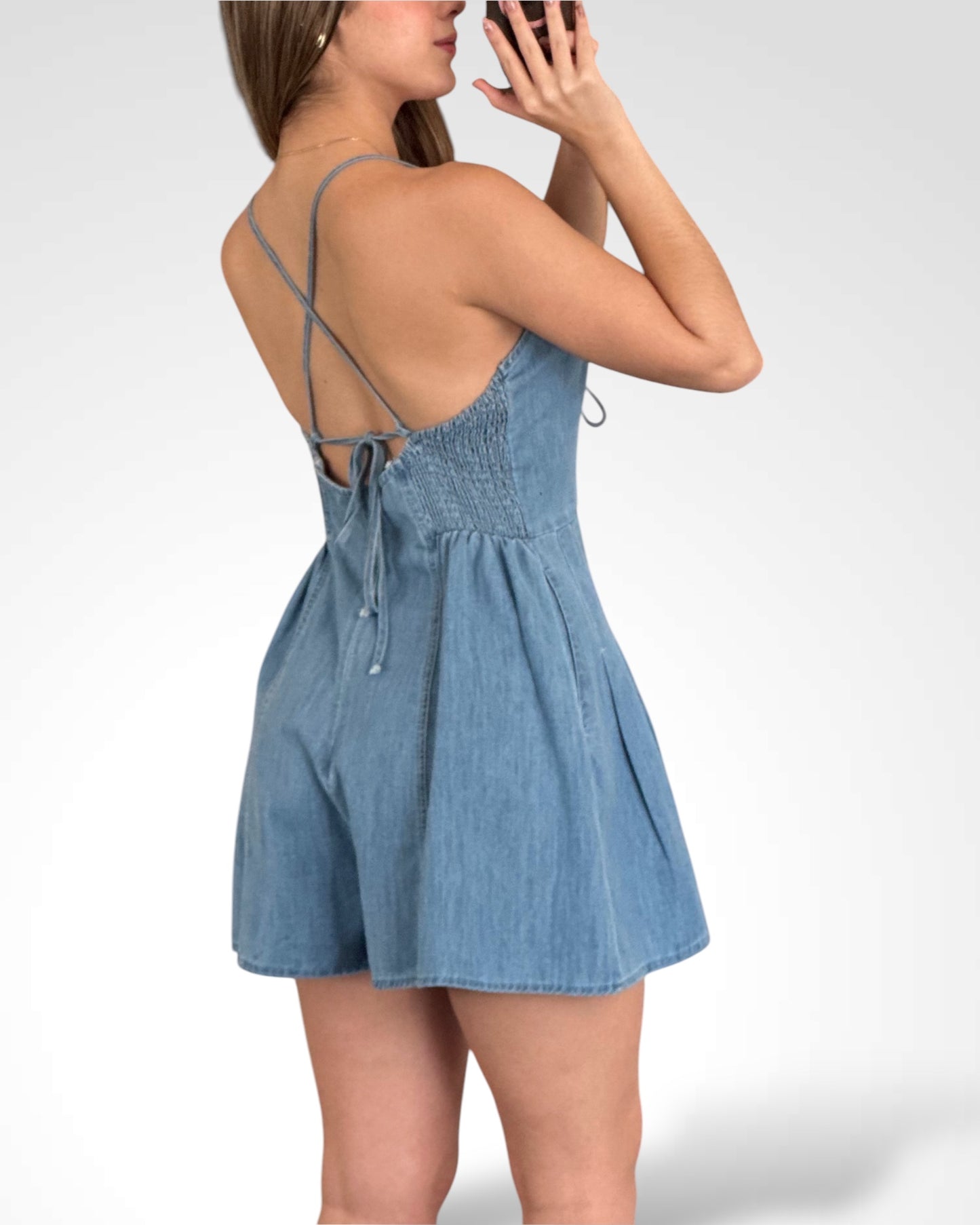 DENIM PLUNGE STRAPPY ROMPER