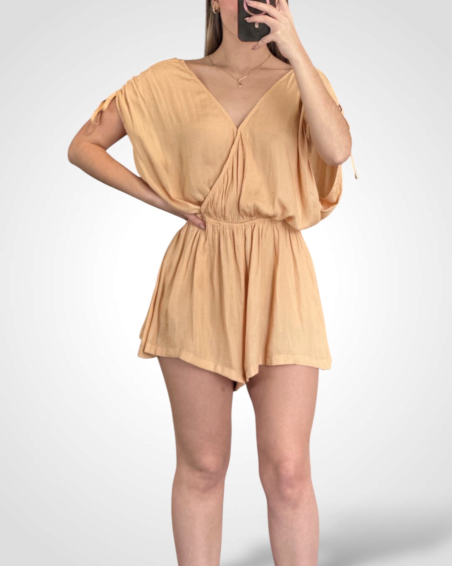 SATIN ROMPER WITH ADJUSTABLE DRAWSTRING SLEEVES