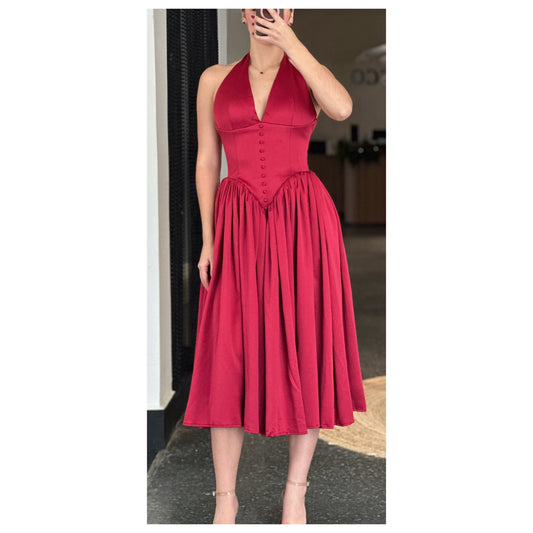 SJ CARA RED PLUNGING HALTER BACKLESS MAXI DRESS