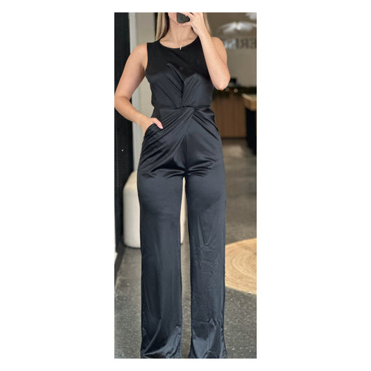 SATIN TWISTED WAIST WIDE LEG JUMPSUIT