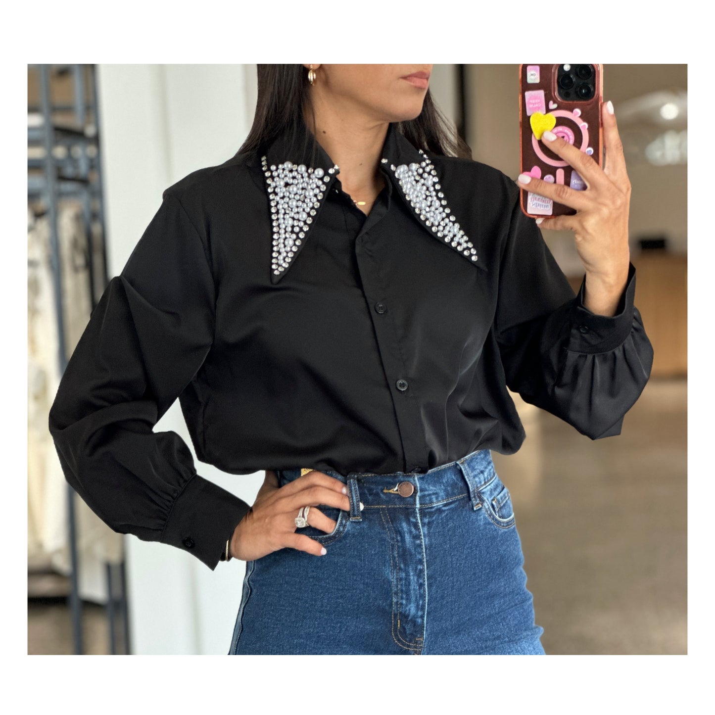 SJQ- RHINESTONES AND PEARL DETAIL LONG SLEEVE BLOUSE