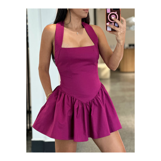 SJQ- MAGENTA SOLID CORSET HALTER DRESS