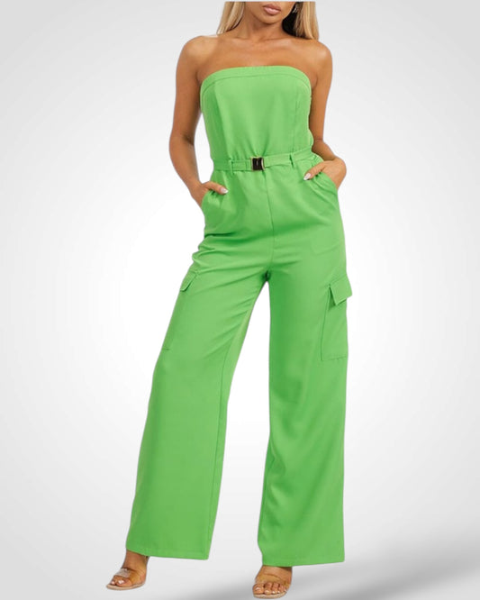 SOLID OFF SHOULDER SMOCK BELTED WIDE LEG JUMPSUIT