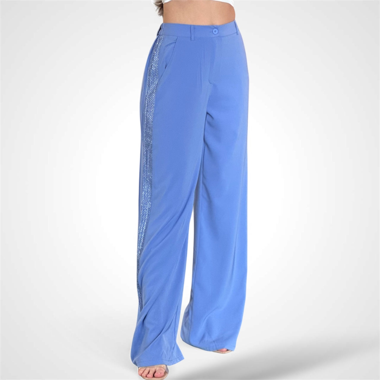 PAULINA SIDE RHINESTONE SLACKS HIGH RISE PANTS