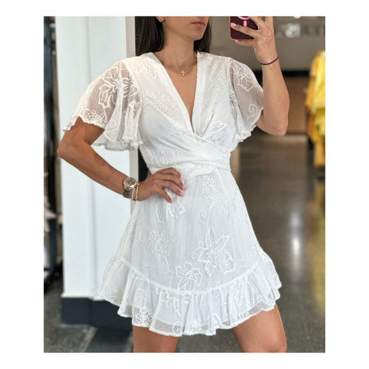 SHORT FLUTTER SLEEVE RUFFED MINI DRESS