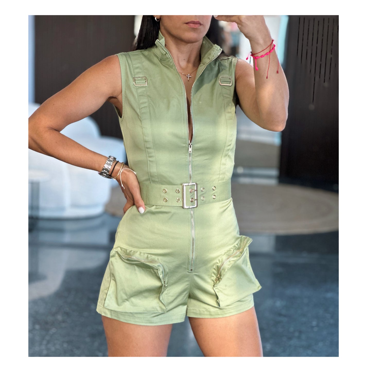 Green Solid Zipper Romper