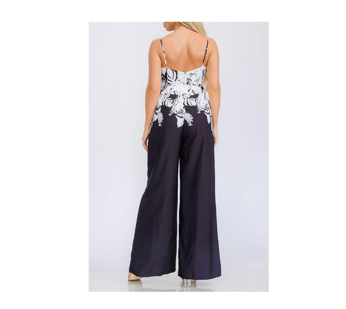 V-NECK BELTED MULTI PRINT WIDE LEG JUMPSUIT