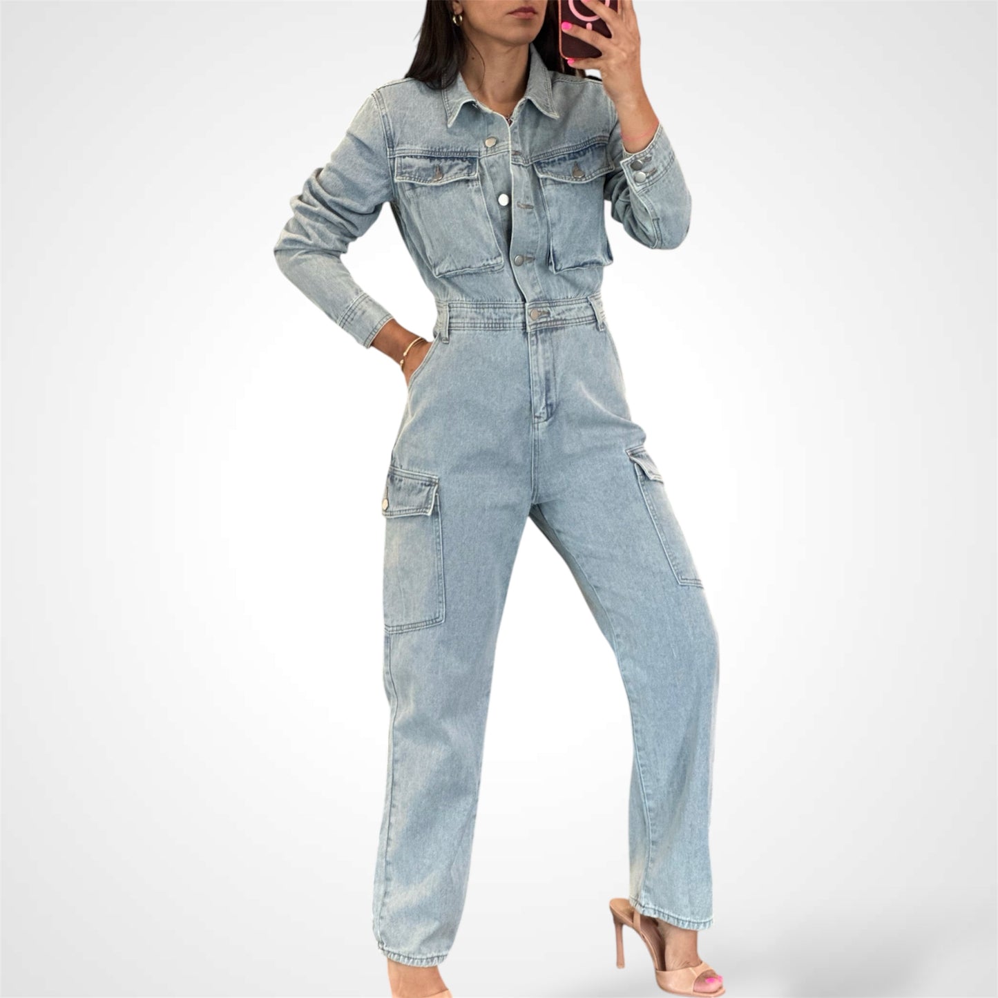 LONG SLEEVE BUTTON UP DENIM JUMPSUIT