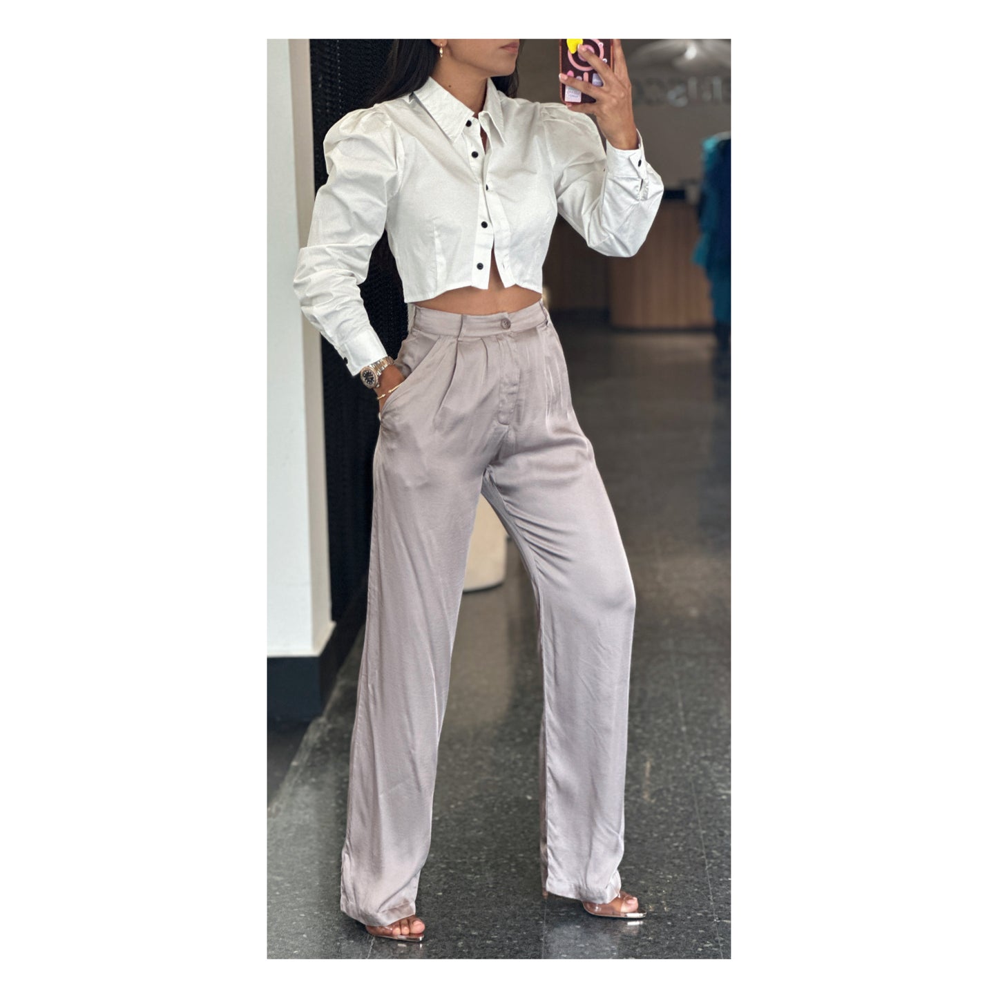 PUFF SLEEVE BUTTON UP CROP SHIRT TOP