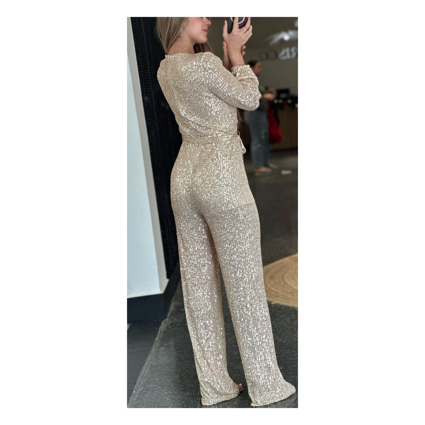 SELF TIE SURPLICE SEQUINS WIDE LEG JUMPSUIT