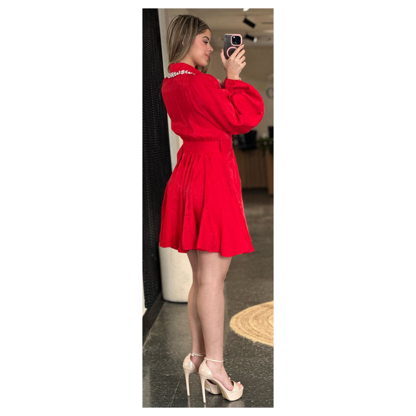 RED LONG SLEEVE SHORT DRESS