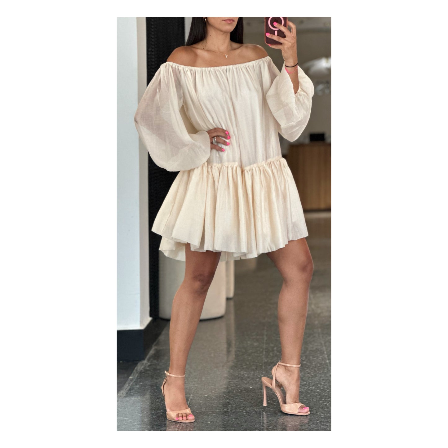 SJQ- OFF SHOULDER PUFFY MINI DRESS