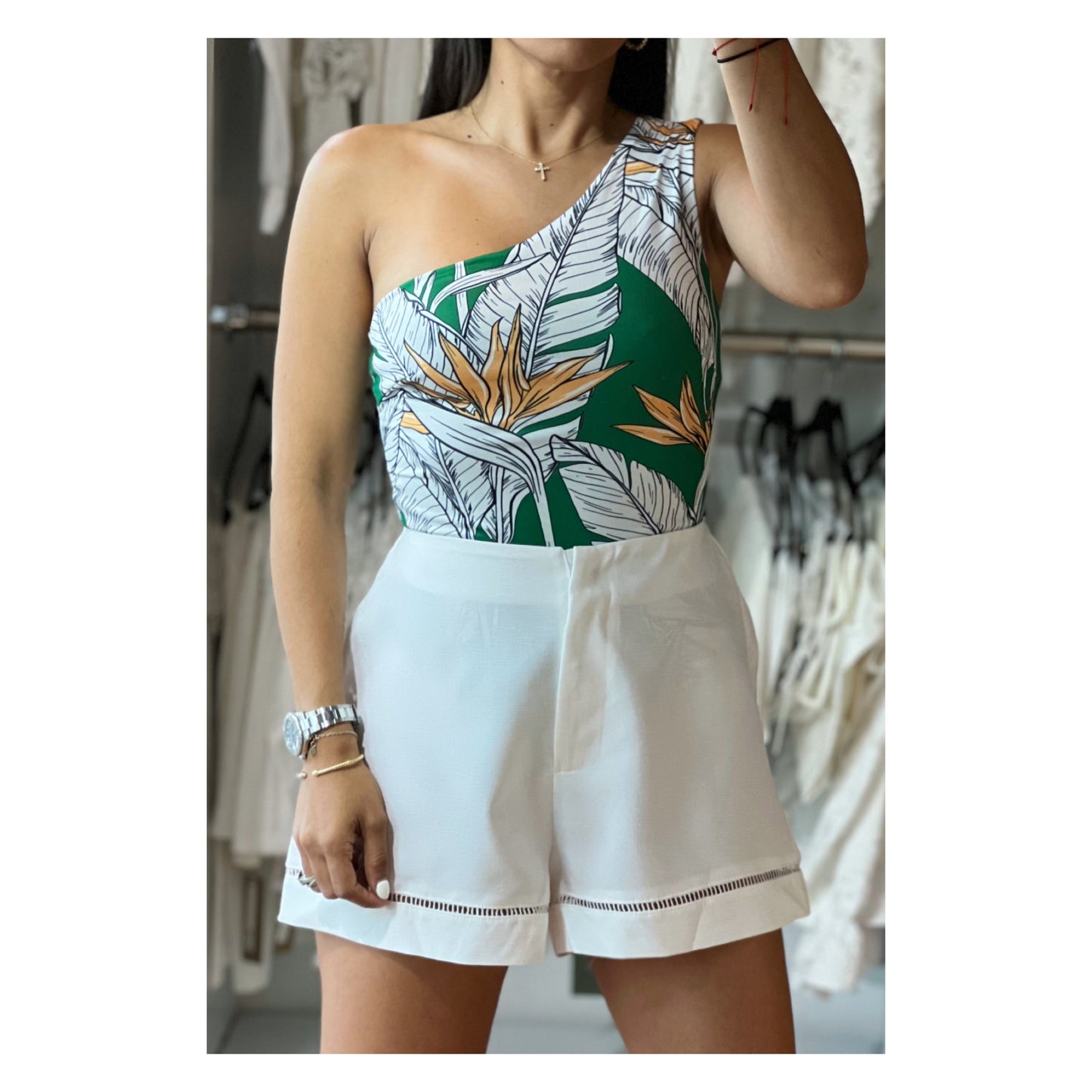 TROPICAL GREEN BODY SUIT SHORT PANT SET