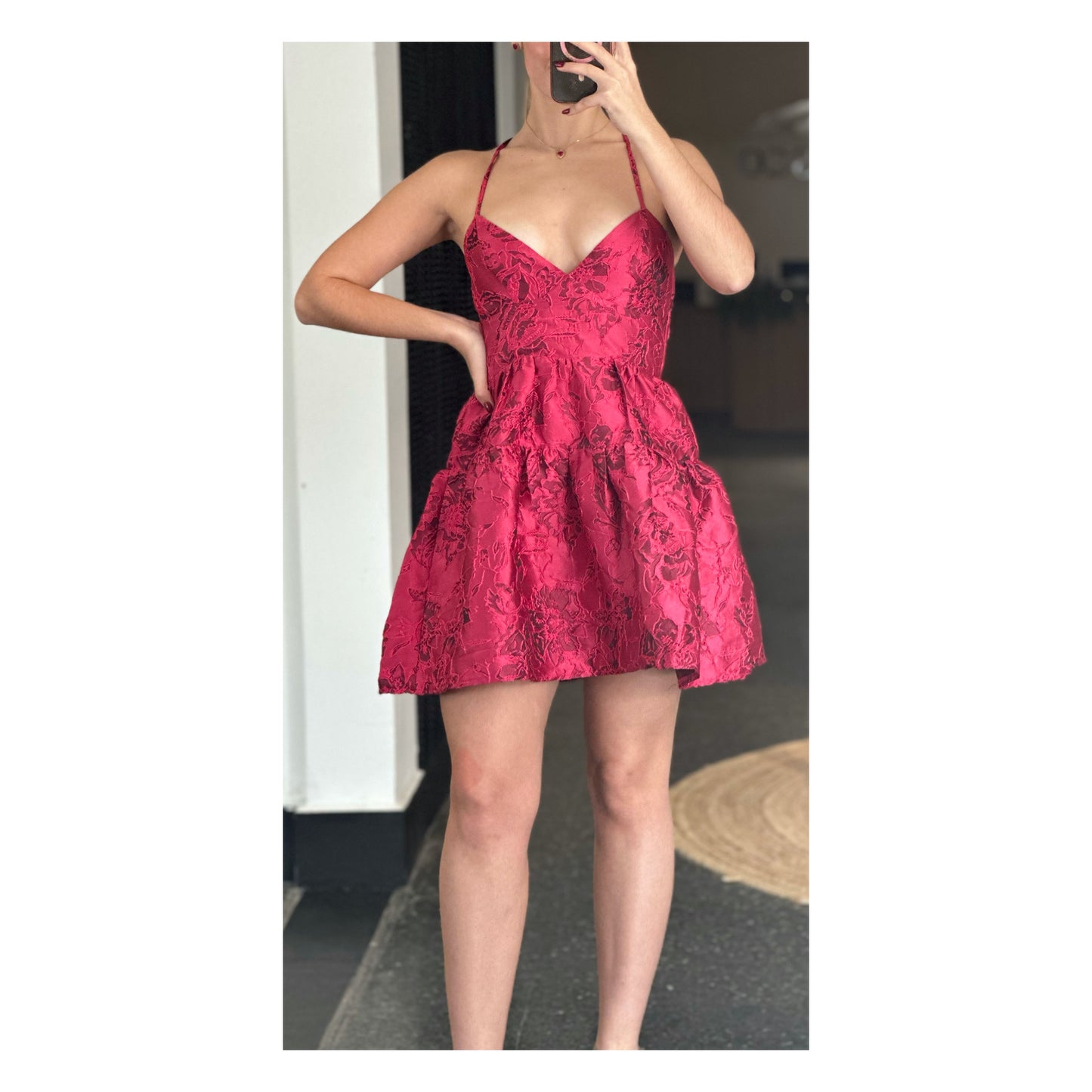 PINK SPAGHETTI STRAP FLORAL LACE DETAILED MINI DRESS