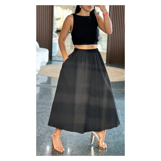 BACK ELASTIC DETAIL SLEEVELESS CROP TOP & FLARE MAXI SKIRT