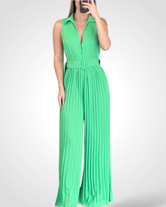 SOLID COLLARED PLEATS DETAIL WIDE LEG JUMPSUITS