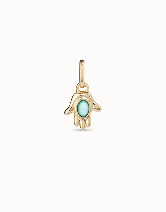 Uno de 50 Gold-plated hand shaped charm with turquoise murano glass in the middle