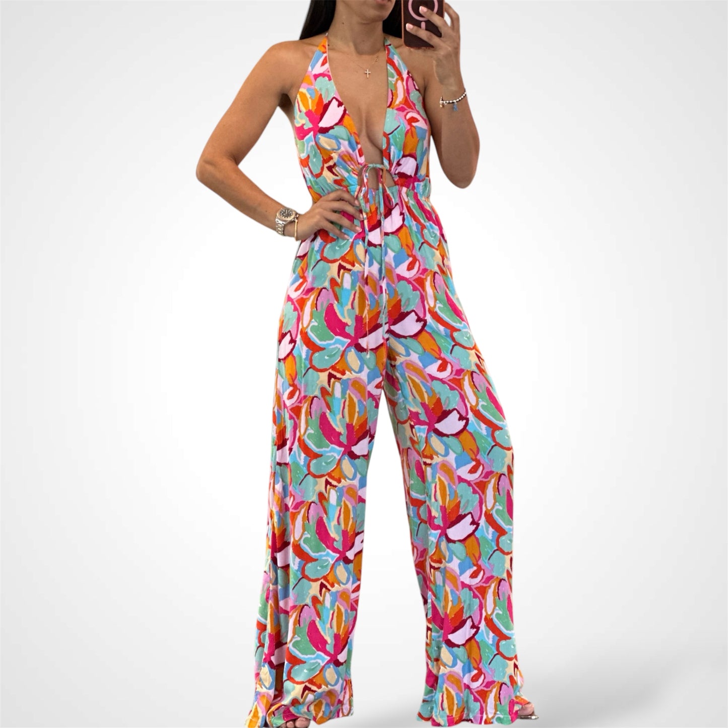 SLEEVELESS V-NECK OPEN BACK MULTI PRINT JUMPSUIT